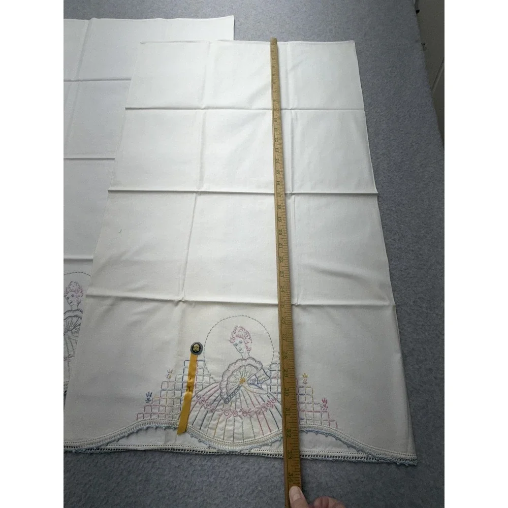 Hand Embroidered Pillowcases Set of 2 Pastel Lady with Fan Crochet‎ Lace Trim